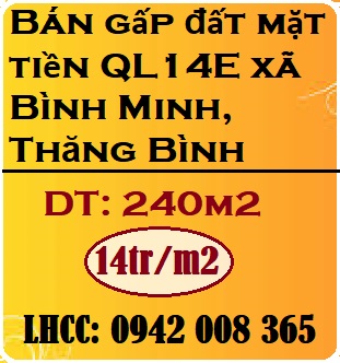 Bán gấp 240m2 đất mặt tiền QL14E xã Bình Minh, Thăng Bình, Quảng Nam; 14tr/m2; 0942008365