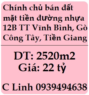 Chính chủ bán đất mặt tiền đường nhựa 12B TT Vĩnh Bình, Gò Công Tây, Tiền Giang, 0939494638