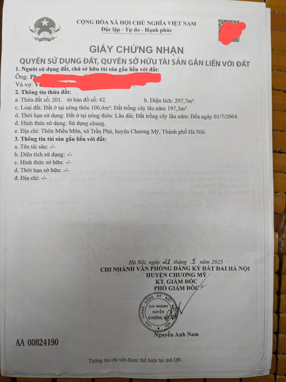 ban lo dat vi tri dep tai thon mieu mon, xa tran phu, chuong my, hn