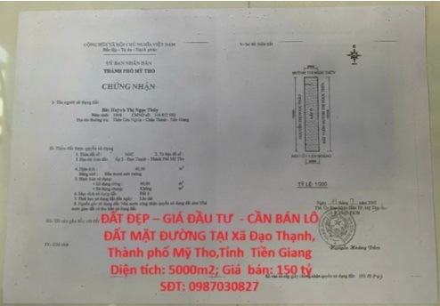 ⭐can ban lo dat 5000m mat duong phuong dao thanh (tp.my tho, tien giang), dong thap moi, 0987030827