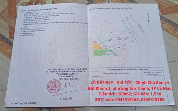⭐️chinh chu ban lo dat khom 2, phuong tan thanh, tp ca mau; 0942919168