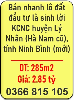 ⭐Bán nhanh lô đất đầu tư là sinh lời KCNC huyện Lý Nhân (Hà Nam cũ), tỉnh Ninh Bình (mới); 0366815105