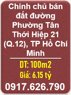 ⭐Chính chủ bán đất đường Phường Tân Thới Hiệp 21 (Q.12), TP Hồ Chí Minh; 0917626790