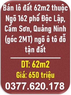 ⭐️Bán lô đất 62m2 thuộc Ngõ 162 phố Độc Lập, Cẩm Sơn, Quảng Ninh (góc 2MT) ngõ ô tô đỗ tận đất; 0377620178