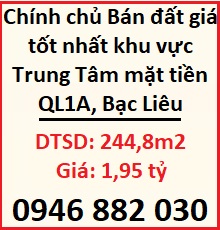 ⭐️Chính chủ Bán đất giá tốt nhất khu vực Trung Tâm mặt tiền QL1A, Bạc Liêu; 1,95 tỷ; 0946882030