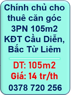 🌻Chính chủ cho thuê căn góc 3PN 105m2 KĐT Cầu Diễn, Bắc Từ Liêm, 0378720256